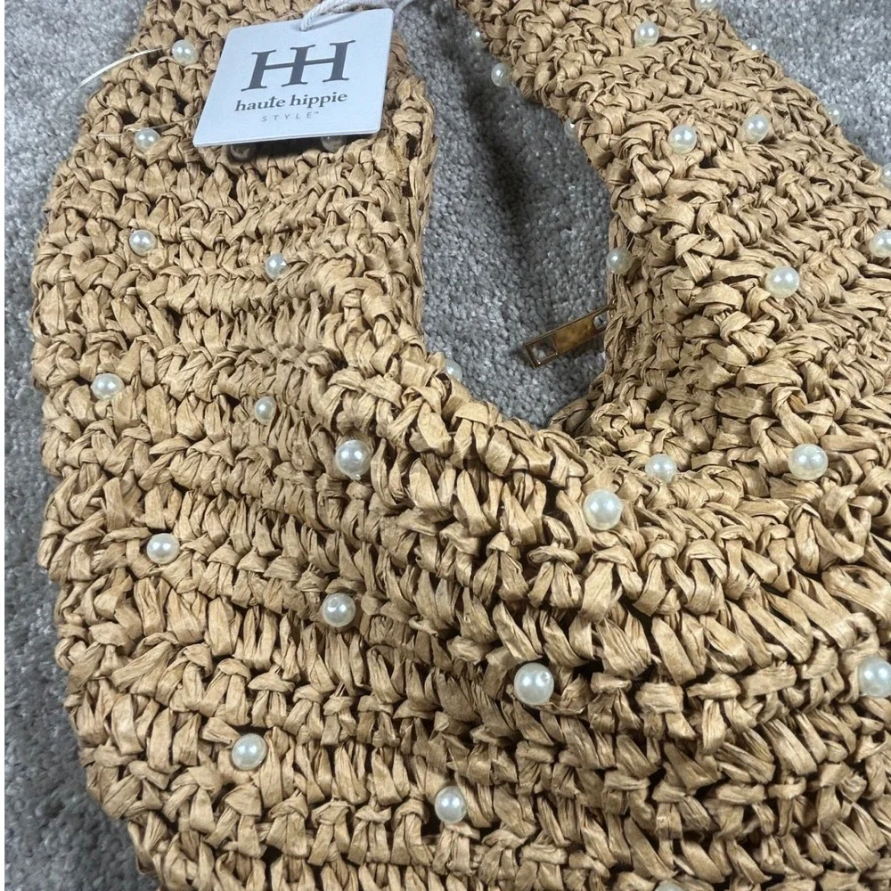 Haute Hippie Hobo Bag Tan Faux Pearl Straw Knotted Handle Women Purse